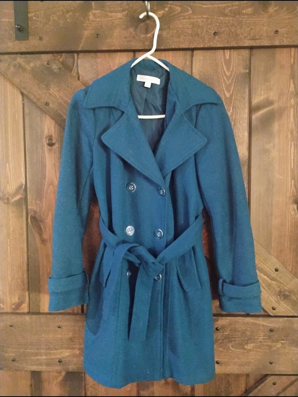 Women’s Teal Double-Breasted Wool- Blend Trench Coat with Belt
